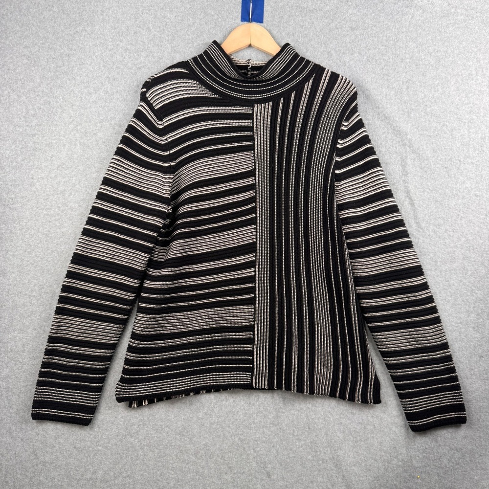 Habitat Sweater Womens Medium Black White‎ Striped Mock Neck Mixed Ribbed Boho